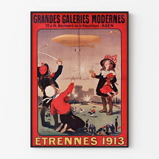 Vintage reklameplakat Grandes Galeries modernes, Agen, vist i en tynd ramme på en lys væg.