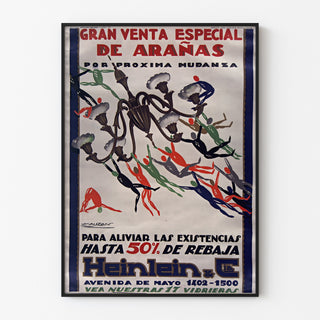 Vintage reklameplakat Heinlein, lysekroner, vist i en tynd ramme på en lys væg.