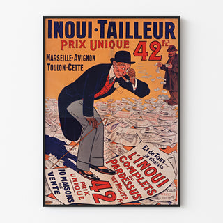 Vintage reklameplakat Inoui-Tailleur, indrammet i en tynd ramme på en lys væg.