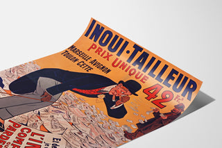 Vintage reklameplakat Inoui-Tailleur, vist på et bøjet ark set i perspektiv.