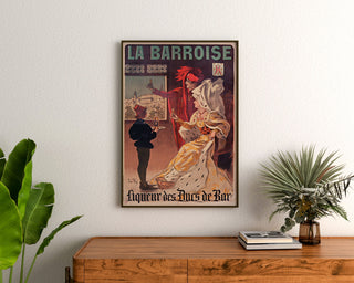 Vintage-reklameplakat La Barroise, indrammet over en trækommode mellem planter.
