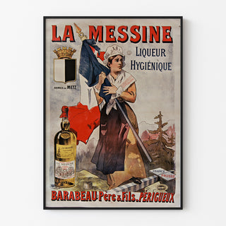 Vintage reklameplakat La Messine, likør, vist i en slank ramme på en lys væg.