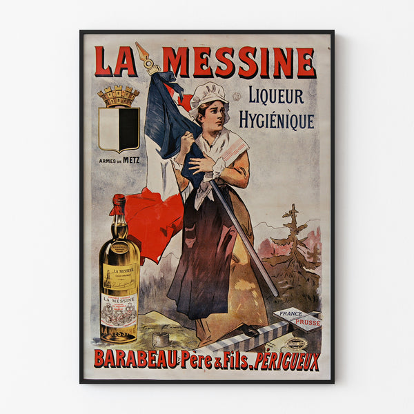 Vintage reklameplakat La Messine, likør, vist i en slank ramme på en lys væg.