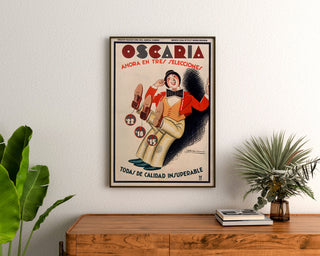 Vintage reklameplakat Oscaria, sko, indrammet over en trækommode mellem planter.