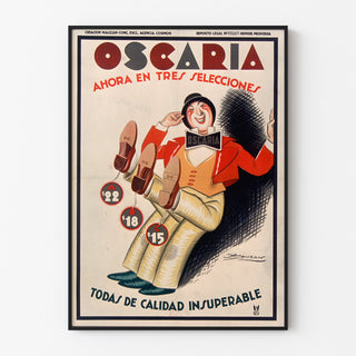 Vintage reklameplakat Oscaria, sko, vist i en tynd ramme på en lys væg.