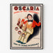 Vintage reklameplakat Oscaria, sko, vist i en tynd ramme på en lys væg.