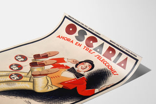 Vintage reklameplakat Oscaria, sko, vist på en buet papirlap i perspektiv.
