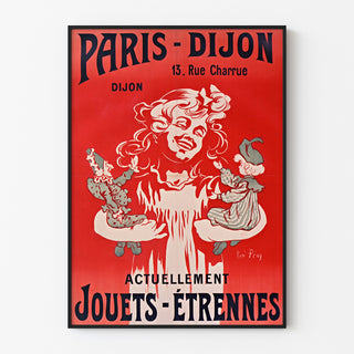 Vintage reklameplakat Paris‑Dijon, legetøj og nytårsgaver, vist i en slank ramme på en lys væg.