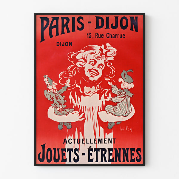 Vintage reklameplakat Paris‑Dijon, legetøj og nytårsgaver, vist i en slank ramme på en lys væg.