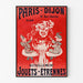 Vintage reklameplakat Paris‑Dijon, legetøj og nytårsgaver, vist i en slank ramme på en lys væg.