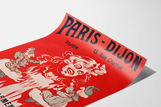 Vintage reklameplakat Paris‑Dijon, legetøj og nytårsgaver, vist på et buet ark set i perspektiv.