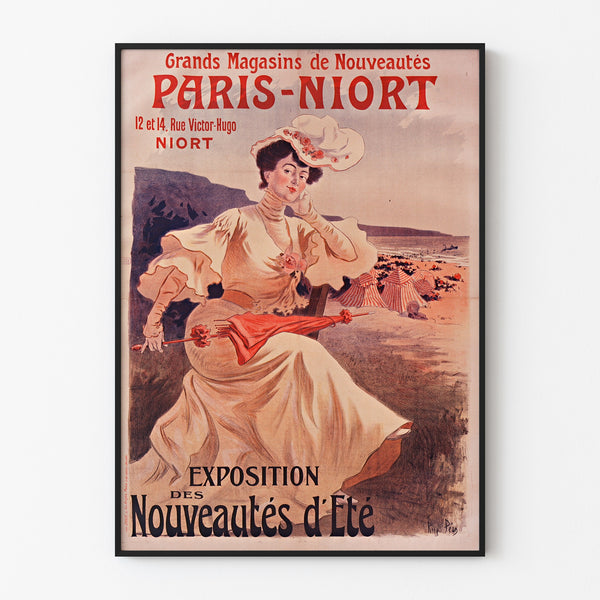 Vintage reklameplakat Paris-Niort, sommernyheder, vist i en smal ramme på en lys væg.