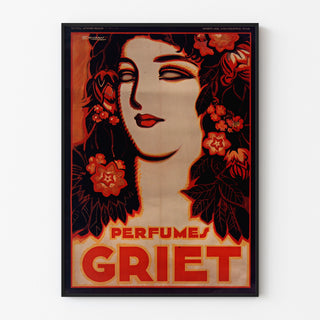 Vintage reklameplakat Perfumes Griet, vist i en tynd ramme på en lys væg.