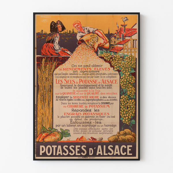 Vintage-reklameplakat Potasses d’Alsace, vist i en tynd ramme på en lys væg.