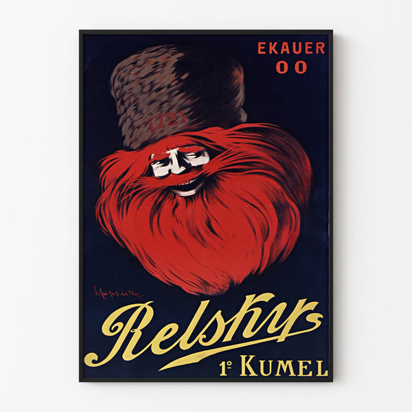 Vintage reklameplakat Relskyr - 1° Kumel, vist i en tynd ramme på en lys væg.
