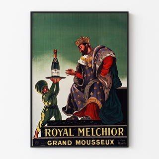 Vintage reklameplakat Royal Melchior, grand mousseux, vist i en tynd ramme på en lys væg.