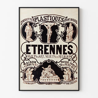 Vintage reklameplakat Verdun, statuetter og nytårsgaver, i tynd ramme på en lys væg.