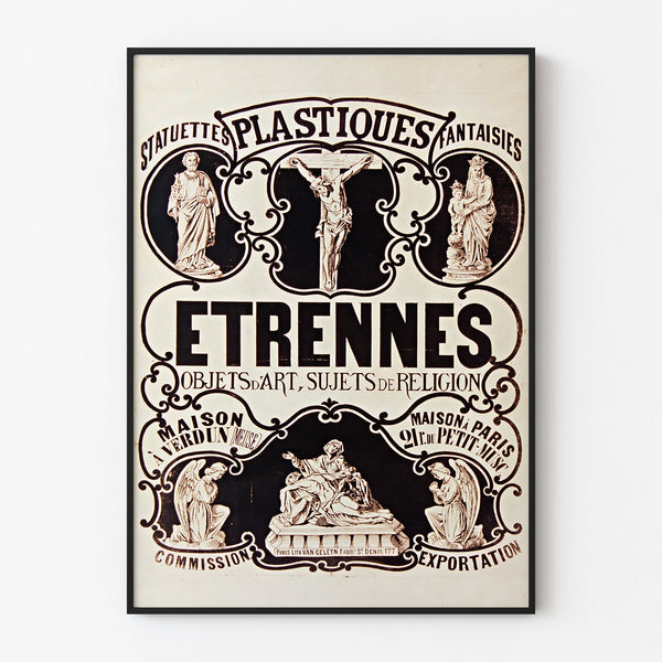 Vintage reklameplakat Verdun, statuetter og nytårsgaver, i tynd ramme på en lys væg.