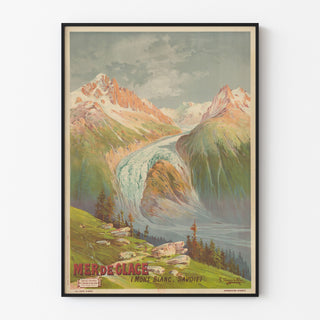 Gammel skoleplakat – Mer de Glace – Hugo d’Alési, vist i en tynd ramme på en lys væg.