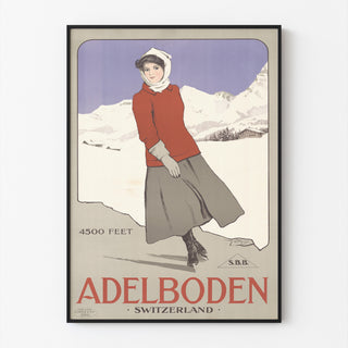 Vintage Schweiz-plakat – Adelboden – Carlo Pellegrini, 1905, vist i en tynd ramme på en lys væg.