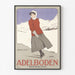Vintage Schweiz-plakat – Adelboden – Carlo Pellegrini, 1905, vist i en tynd ramme på en lys væg.