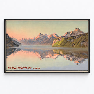 Vintage Schweiz-plakat – Vierwaldstättersee – Jakob Wyss, vist i en tynd ramme på en lys væg.