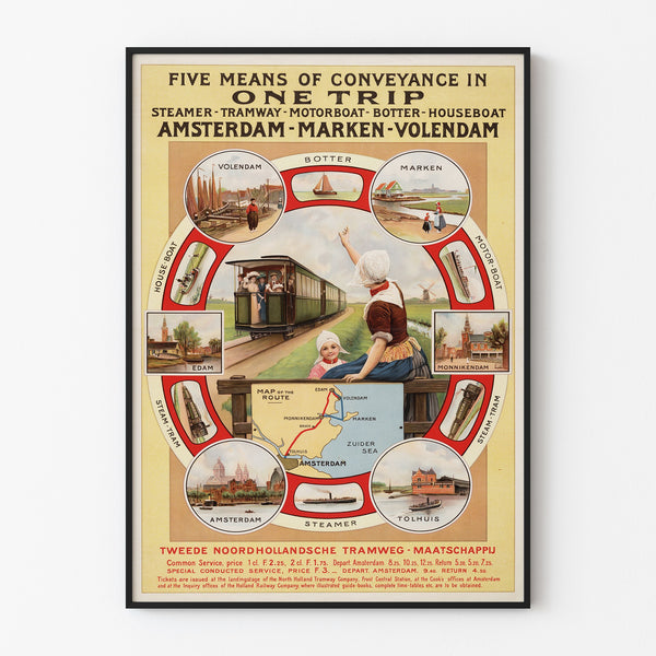 Vintage turistplakat – Amsterdam, Marken og Volendam, vist i en tynd ramme på en lys væg.