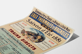 Vintage rejseplakat – Bagnoles, termiske kilder, præsenteret på et buet ark set i perspektiv.