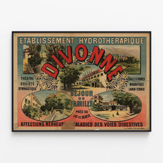 Vintage rejseplakat – Divonne — Familieophold ved Genfersøen, vist i en tynd ramme på en lys væg.
