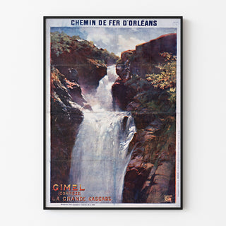 Vintage turistplakat – Gimel, la Grande Cascade, vist i en tynd ramme på en lys væg.