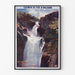 Vintage turistplakat – Gimel, la Grande Cascade, vist i en tynd ramme på en lys væg.