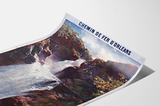 Vintage turistplakat – Gimel, la Grande Cascade, vist på et krøllet ark i perspektiv.