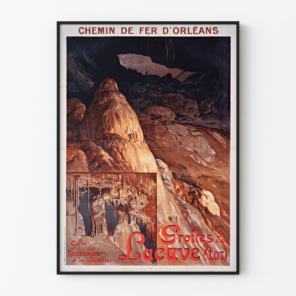 Vintage turistplakat – Grottes de Lacave, Rocamadour, vist i en tynd ramme på en lys væg.