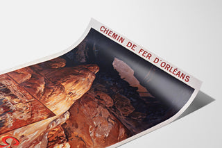 Vintage turistplakat – Grottes de Lacave, Rocamadour, vist på et buet ark set i perspektiv.