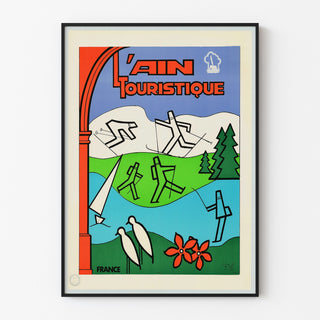 Vintage turistplakat – L’Ain touristique, vist i en tynd ramme på en lys væg.