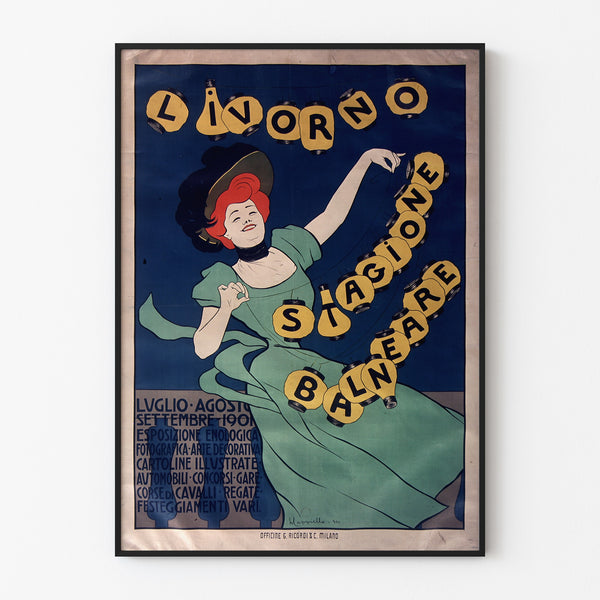 Vintage turistplakat – Livorno, badeseson, vist i en slank ramme på en lys væg.