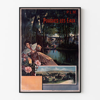 Vintage rejseplakat – Pougues-les-Eaux, PLM, præsenteret i en tynd ramme på en lys væg.