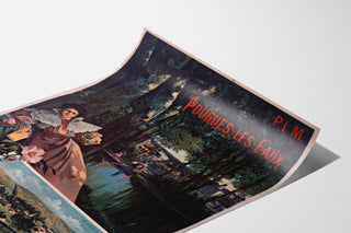 Vintage turistplakat – Pougues-les-Eaux, PLM, vist på et bøjet ark i perspektiv.