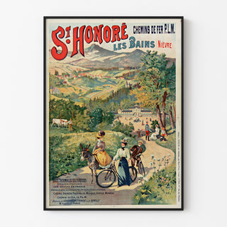 Vintage turistplakat – Saint-Honoré-les-Bains, termiske kilder, i tynd ramme på en lys væg.