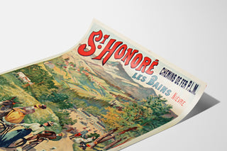 Vintage turistplakat – Saint-Honoré-les-Bains, termiske kilder, vist på et bøjet ark i perspektiv.