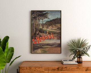Vintage turistplakat – Saint-Honoré-les-Bains, PLM, indrammet over en trækommode mellem planter.
