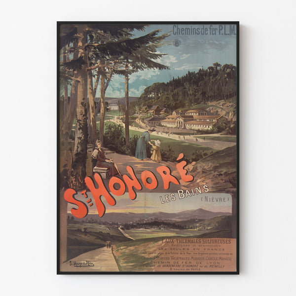 Vintage turistplakat – Saint-Honoré-les-Bains, PLM, i tynd ramme på en lys væg.