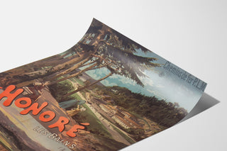 Vintage turistplakat – Saint-Honoré-les-Bains, PLM, vist på et bøjet ark i perspektiv.