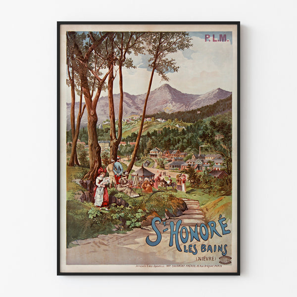 Vintage turistplakat – Saint-Honoré-les-Bains, Tanconville, i tynd ramme på en lys væg.