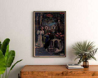 Vintage turistplakat – Vichy, PLM, indrammet over en kommode af træ mellem planter.