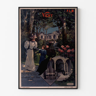 Vintage turistplakat – Vichy, PLM, vist i en tynd ramme på en lys væg.