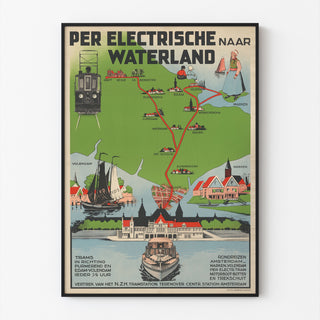 Vintage turistplakat – Waterland, elektrisk sporvogn, vist i en tynd ramme på en lys væg.