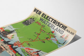 Vintage turistplakat – Waterland, elektrisk sporvogn, vist på et buet ark set i perspektiv.