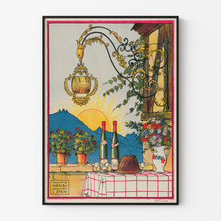 Vintage vinplakat – Au bon vin d’Alsace – Hansi, vist i en tynd ramme på en lys væg.