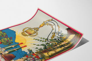 Vintage vinplakat – Au bon vin d’Alsace – Hansi, vist på et buet ark i perspektiv.